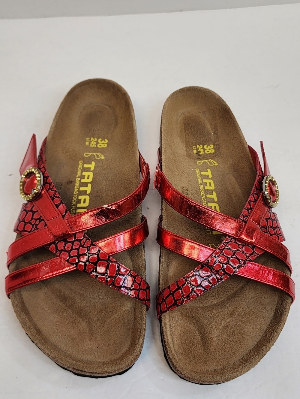 Birkenstock Tatami Red Metallic Snake Print Comfort Sandals Size EU 38 US 7